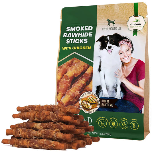 EcoTail™ Smoked Rawhide Sticks Wrapped in Chicken – Natural Grain-Free Dog Chews (Bulk Pack)(EcoSafe)
