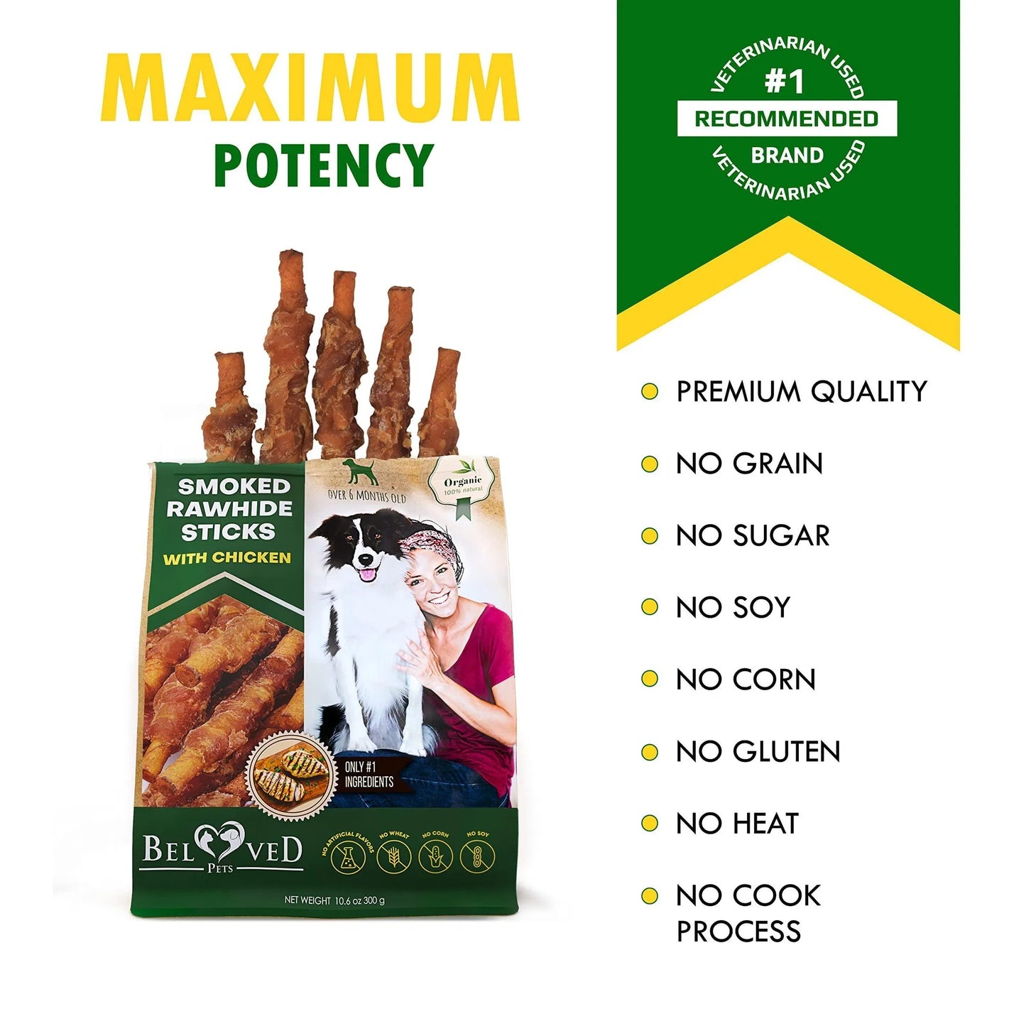 EcoTail™ Smoked Rawhide Sticks Wrapped in Chicken – Natural Grain-Free Dog Chews (Bulk Pack)(EcoSafe)